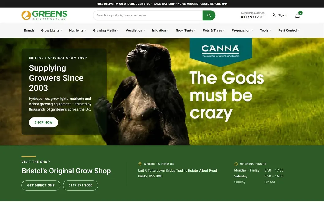 Greens Horticulture homepage on desktop: search bar, category menu and a Canna promotion banner