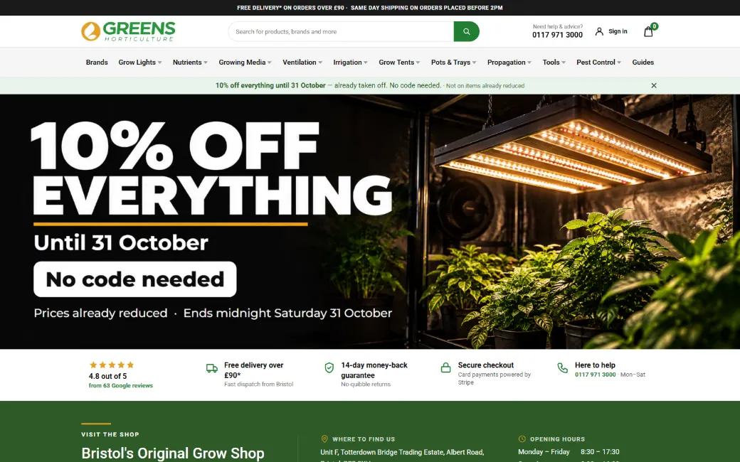 Greens Horticulture homepage on desktop: search bar, category menu and a 10% off everything banner