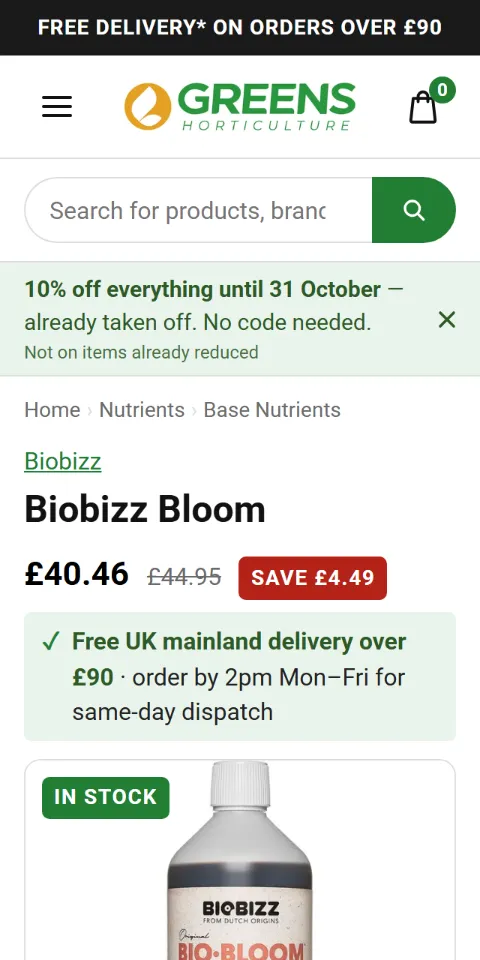 Biobizz Bloom product page on a phone: 5 litre size at its sale price, with an In Stock label on the product photo