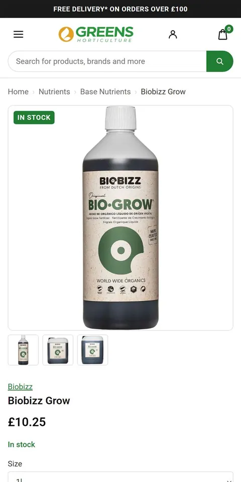 Biobizz Grow product page on a phone, with an In Stock label on the product photo